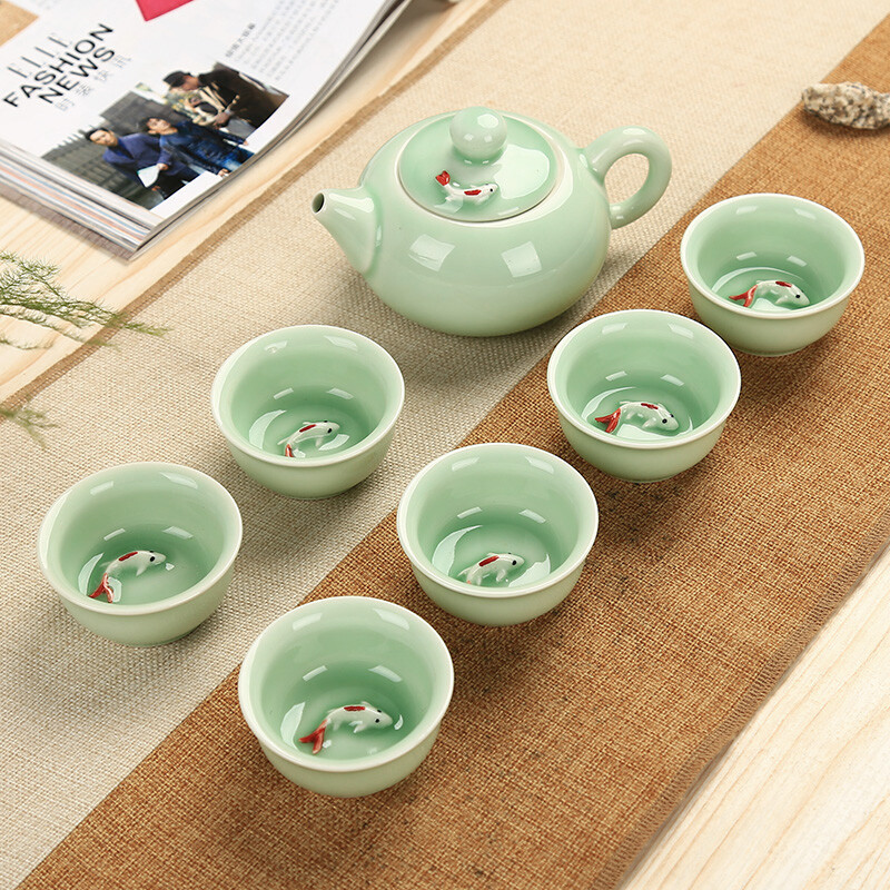 A Set Chinese Ceramic Tea Set Fish Relief Cover Kung Fu Tea Set Pot Kettle Cup