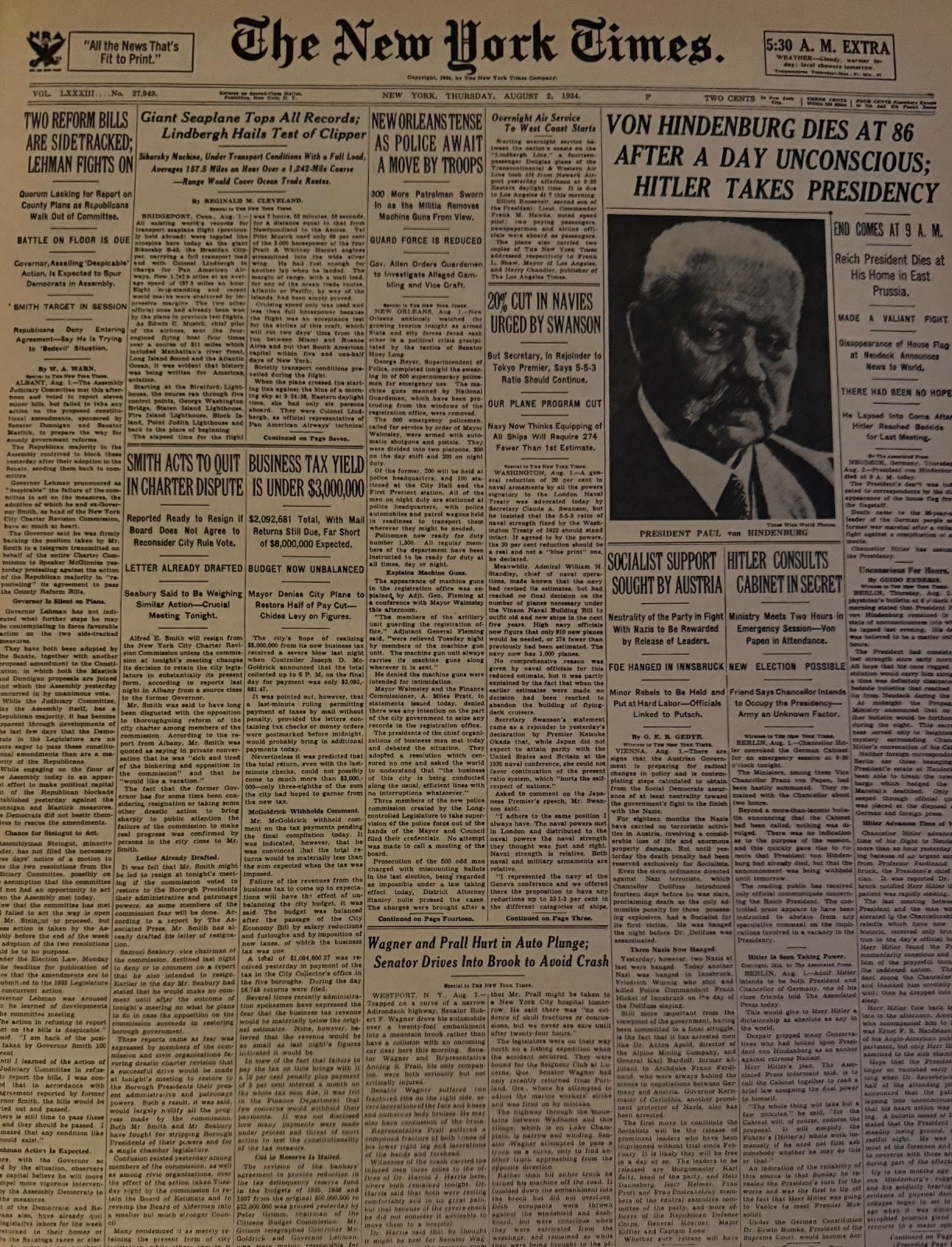 Vintage Von Hindenburg Dies Hitler is new President NEW YORK TIMES News Article