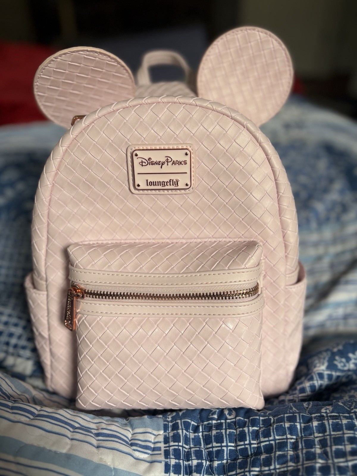 Disney Parks Loungefly Pink Woven Mickey Mouse Ear Mini Backpack Basketweave