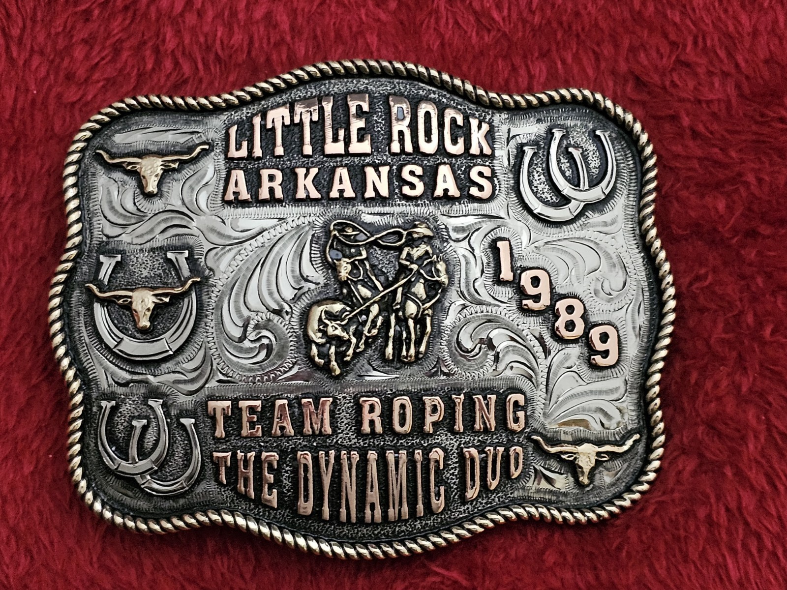 RODEO CHAMPIONSHIP TEAM ROPING TROPHY BUCKLE☆Rare☆1989☆Little Rock Arkansas☆941