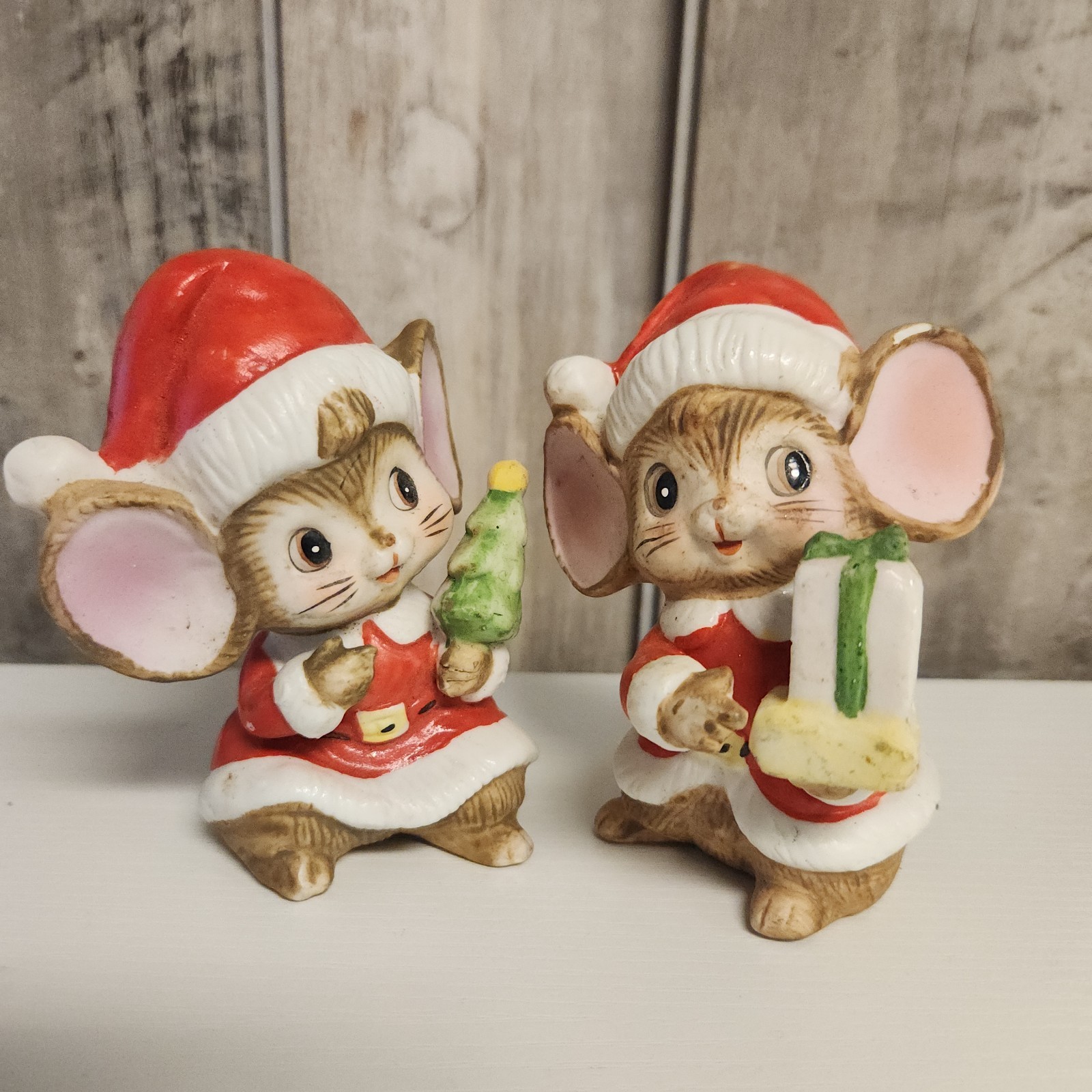 Vintage HOMCO Porcelain Christmas Santa Mice Set of 2 Figurines #5405 Taiwan 70s
