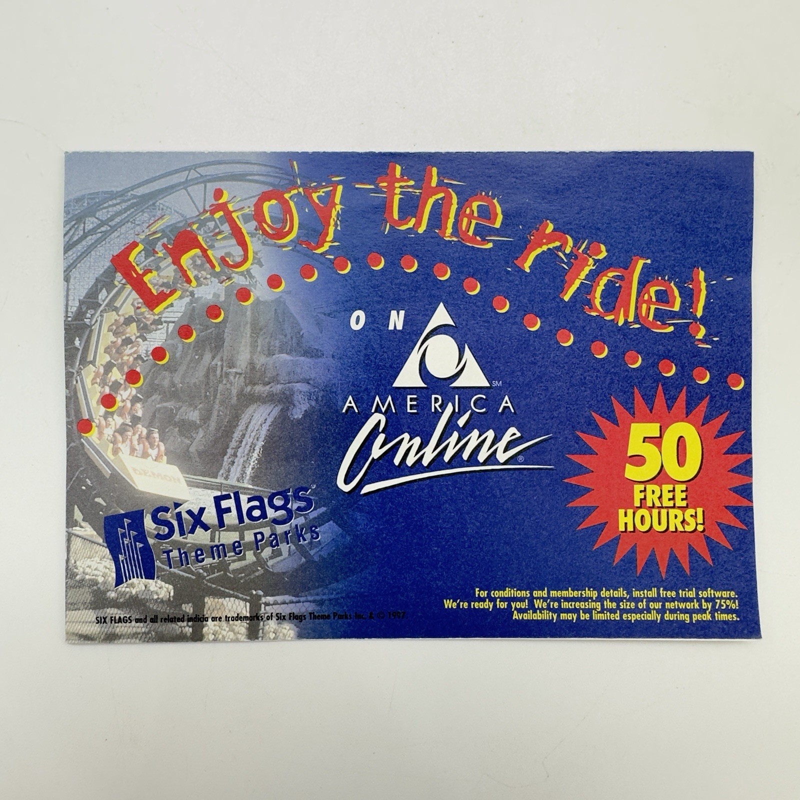 Vintage 1997 Six Flags AOL America Online Enjoy The Ride Offer Reply Mail Card