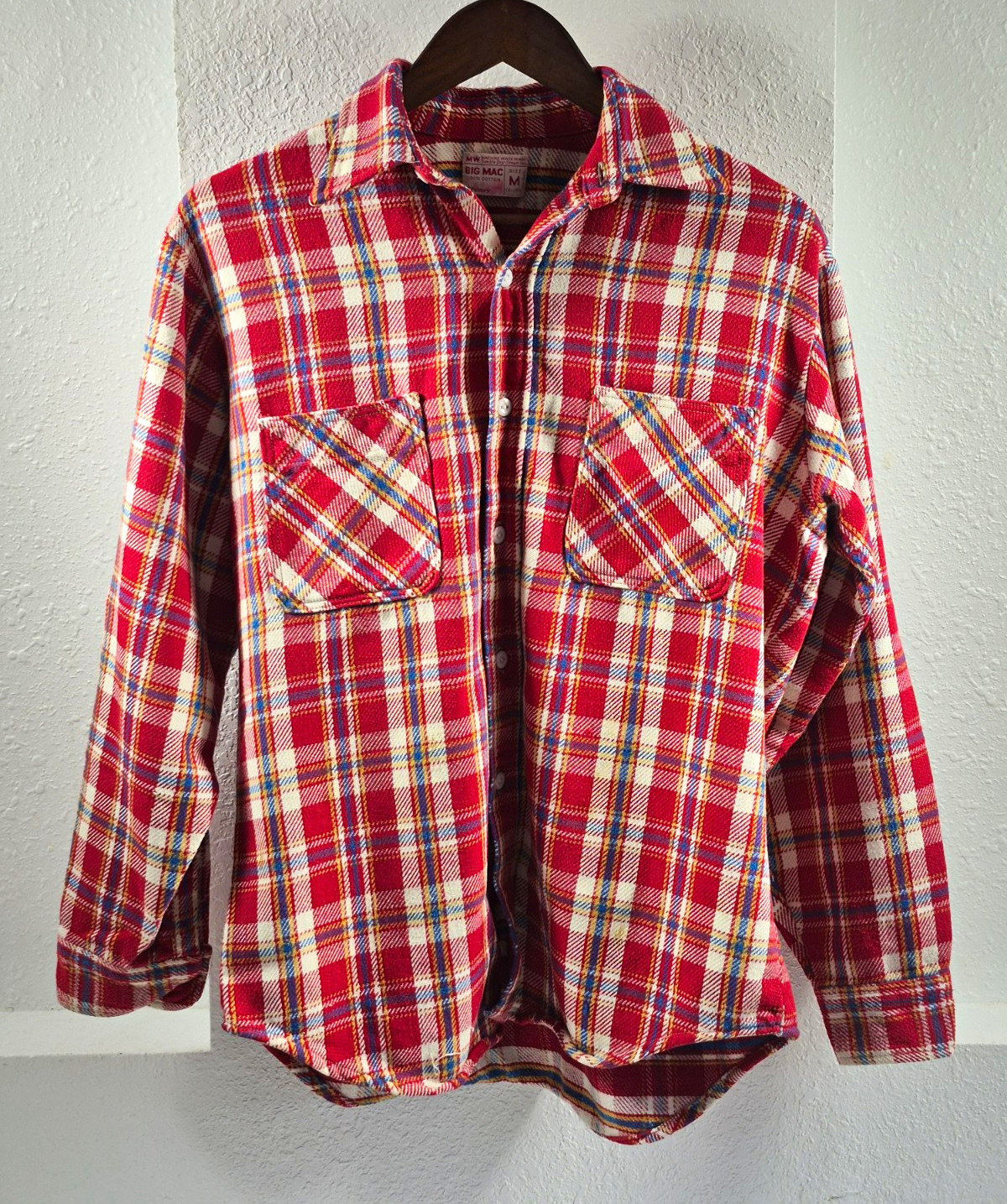 Vintage 1970s Big Mac Flannel Shirt Mens M Red Plaid 100% Cotton JCPenney