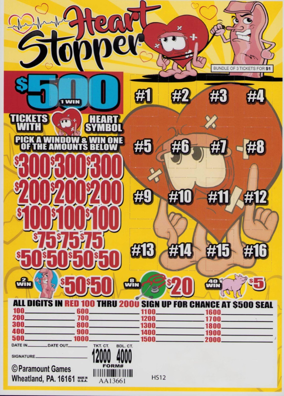 Pull Tab Ticket- Jar - Game - Heart Stopper- Windows - 4,000 ct