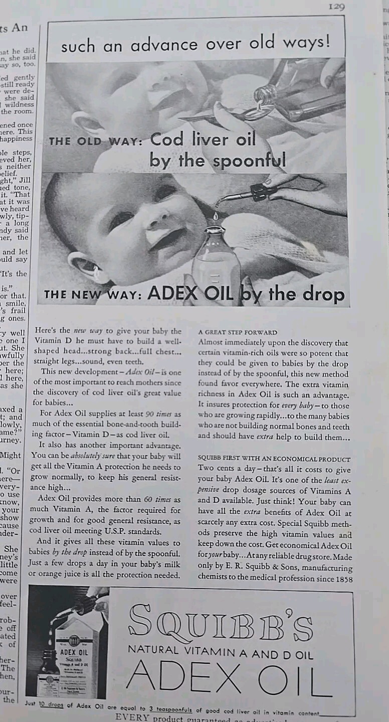 1936 Squibb\'s Adex Oil Cod liver oil by spoonful, smiling baby vintage ad