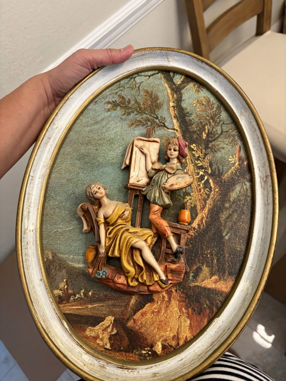 Oval Framed 3D Relief Wall Plaque, Painted Wood Scenic Couple, Vertical