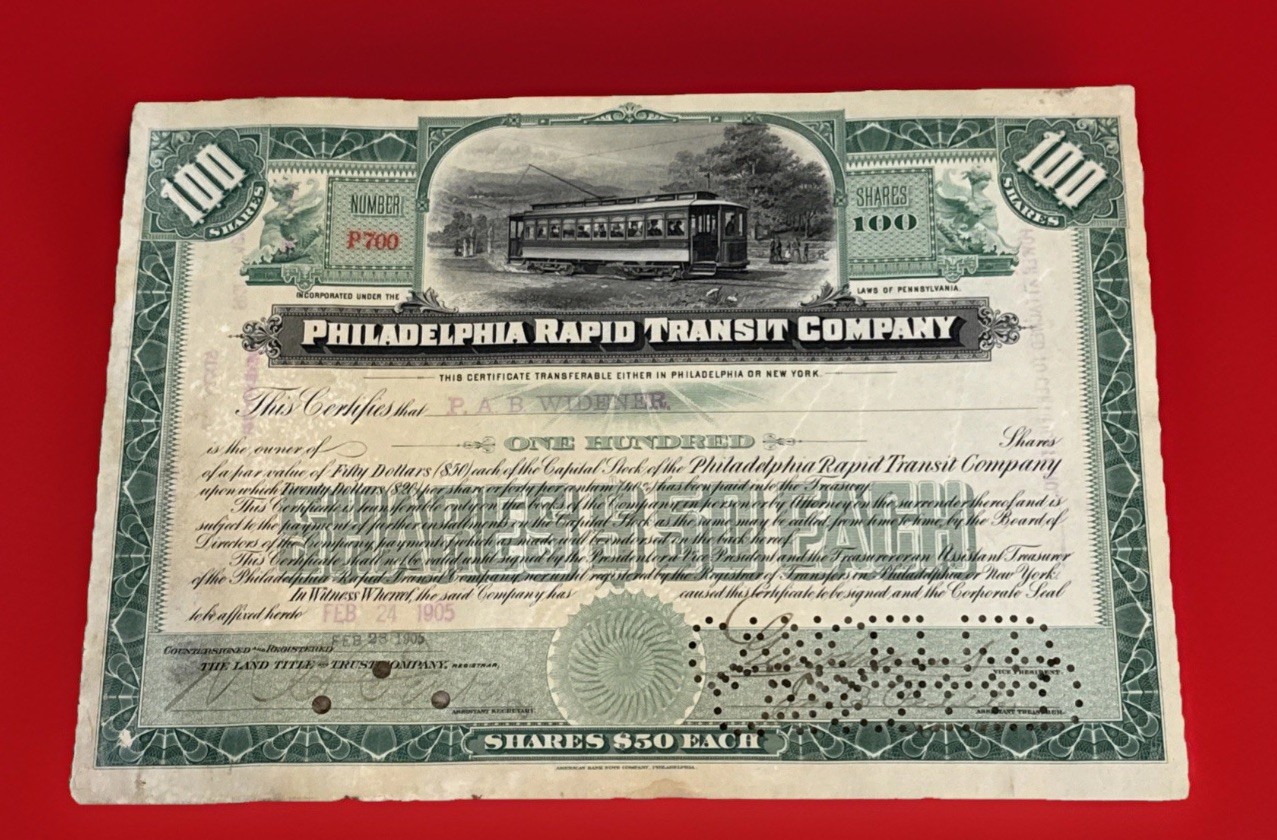 1905 Philadelphia Rapid Transit Stock P.A.B Widener Streetcar Magnate Nice Vigne