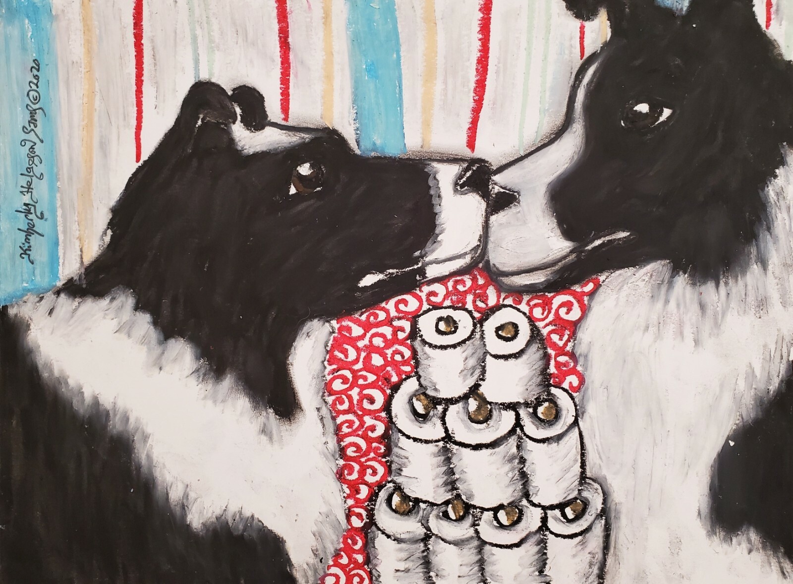 Border Collie Hoarding Toilet Paper Original Painting 9 x 12 Dog Collectible Art