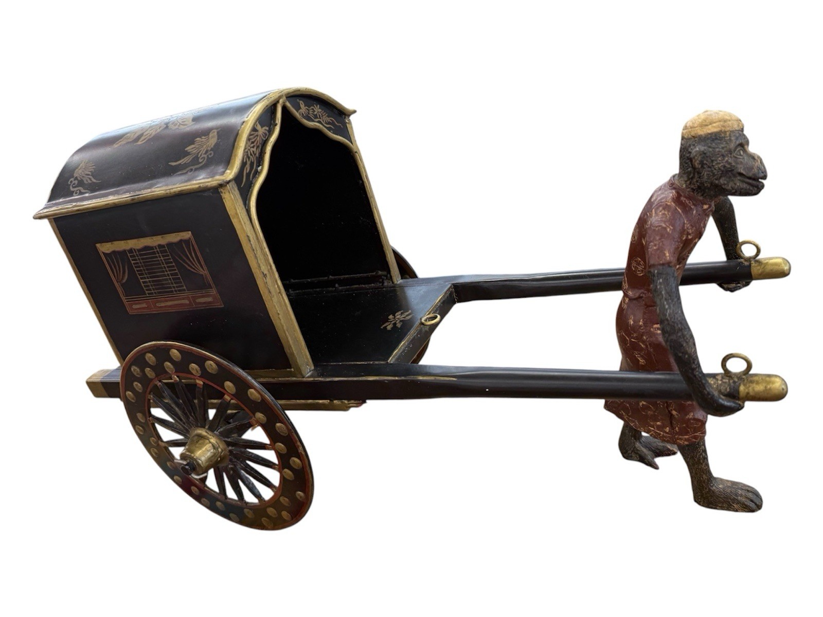 Vintage 22” Painted Metal Monkey Pulling Rickshaw Cart Asian Chinoiserie Rare