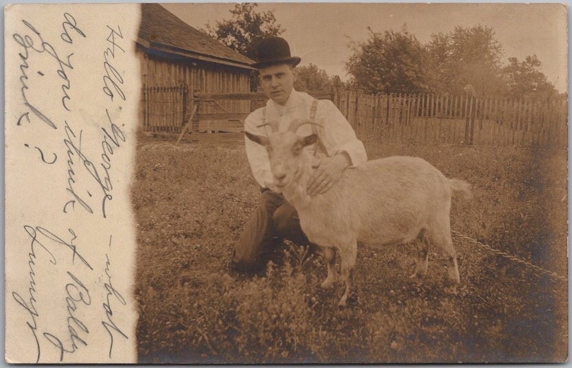 Vintage 1906 Real Photo RPPC Postcard FARM SCENE - Man in Bowler Hat with GOAT