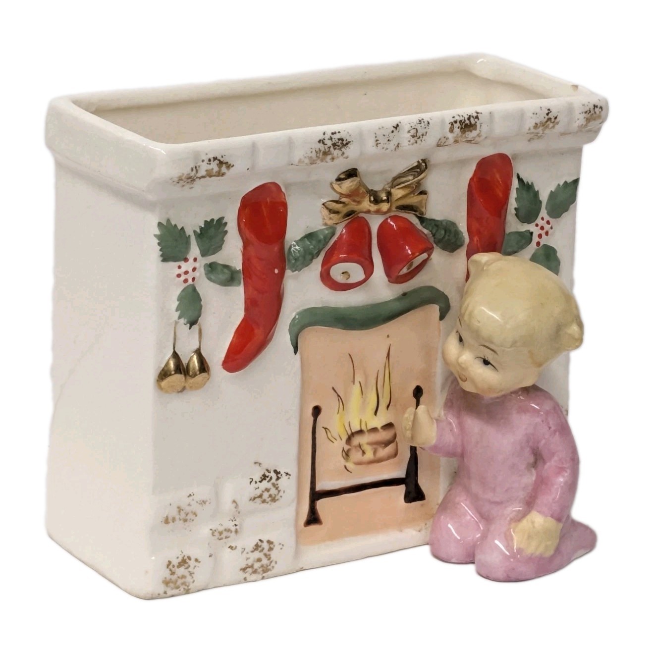 Vintage Napco Christmas Fireplace Baby Girl Planter Japan Ceramic 1950s MCM