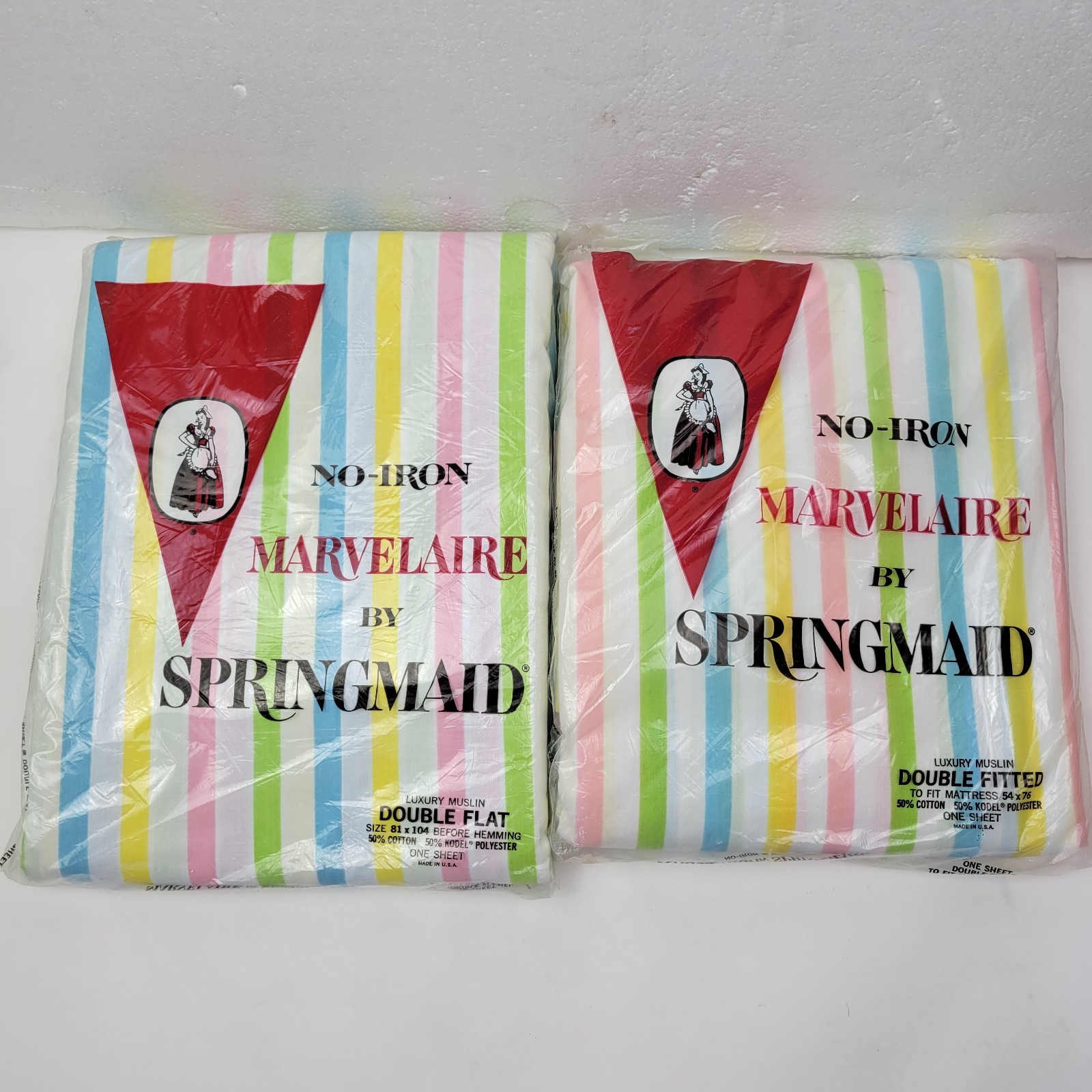 VTG Springmaid Wondercale DBL Flat & Fitted Sheets Retro Yellow Striped New