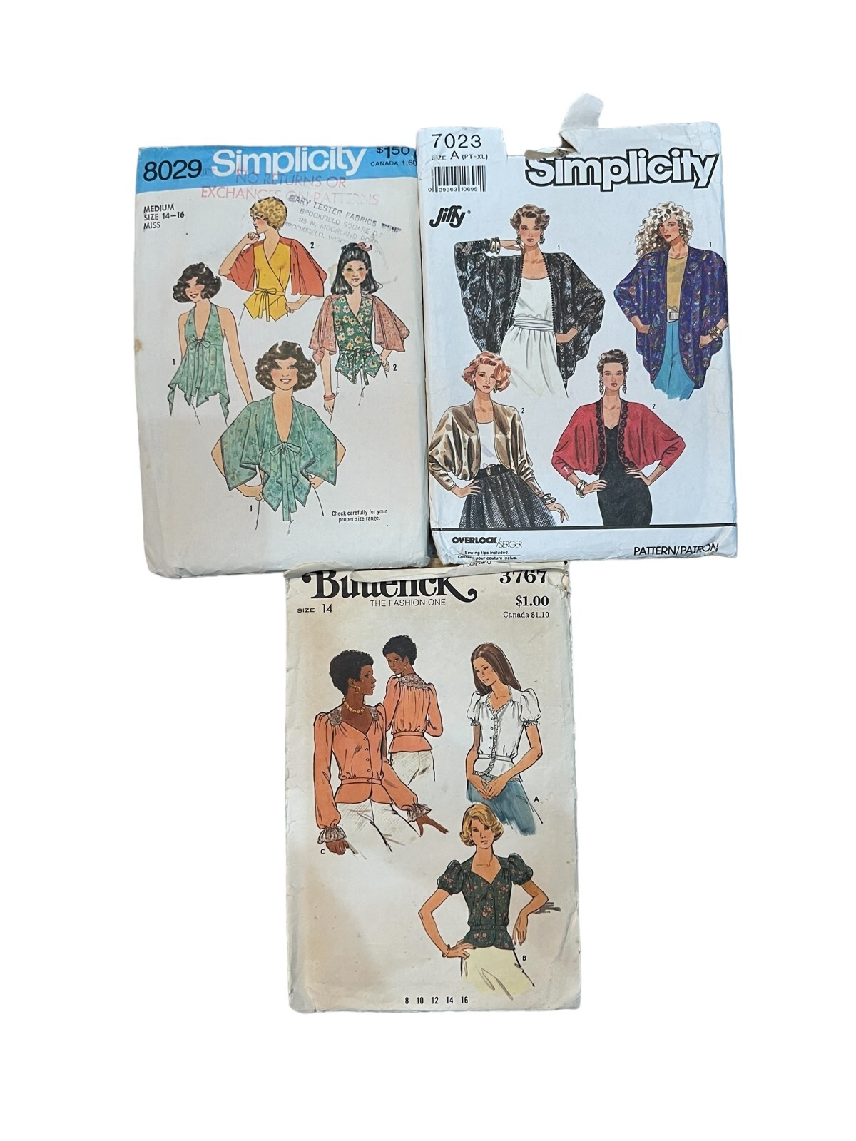 Vintage Lot of 3 Simplicity & Butterick Top, Shirt, Jacket & Blouse Patterns