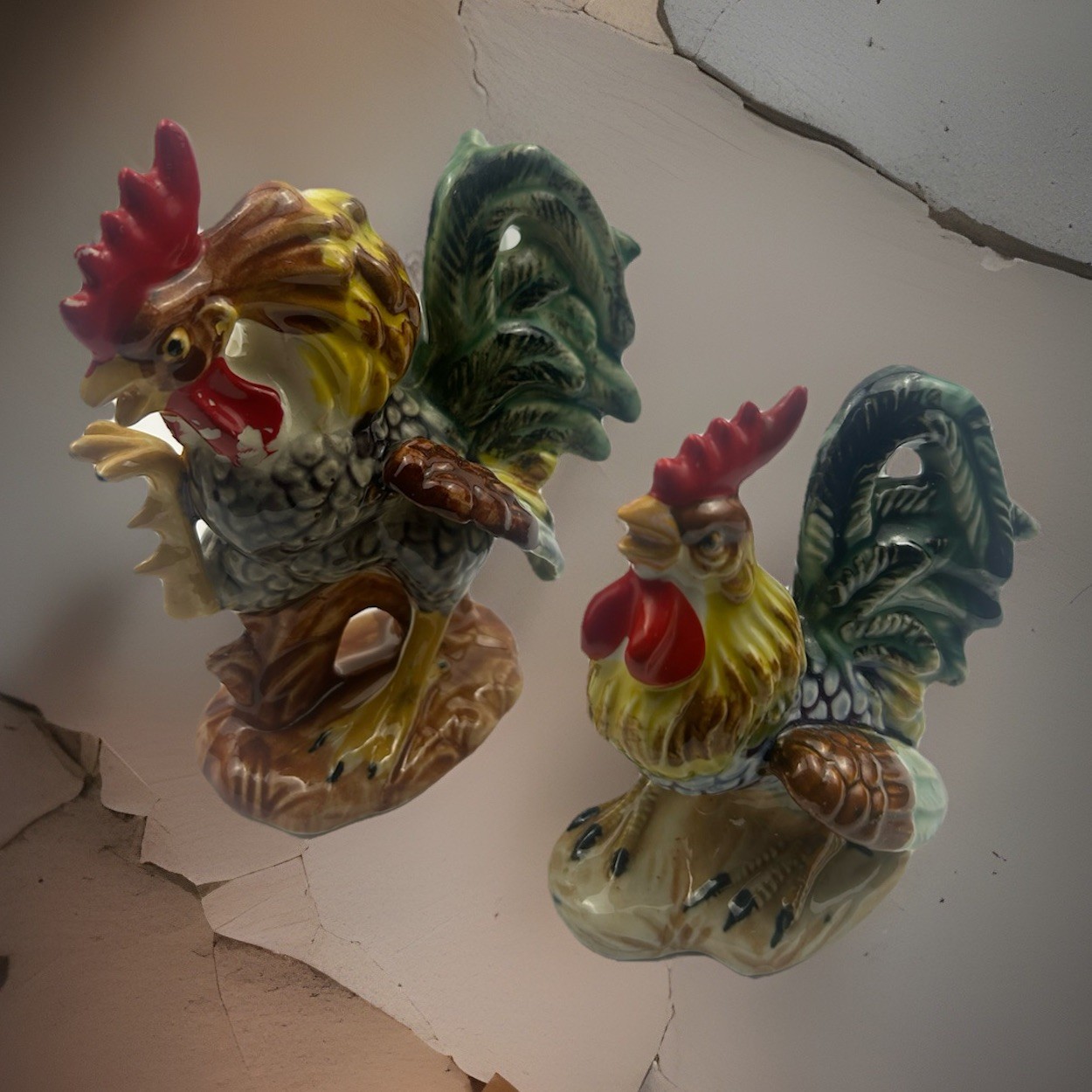 Vintage Hand Painted Ceramic Rooster Figurine Set Lot of 2 Mid Century Japan