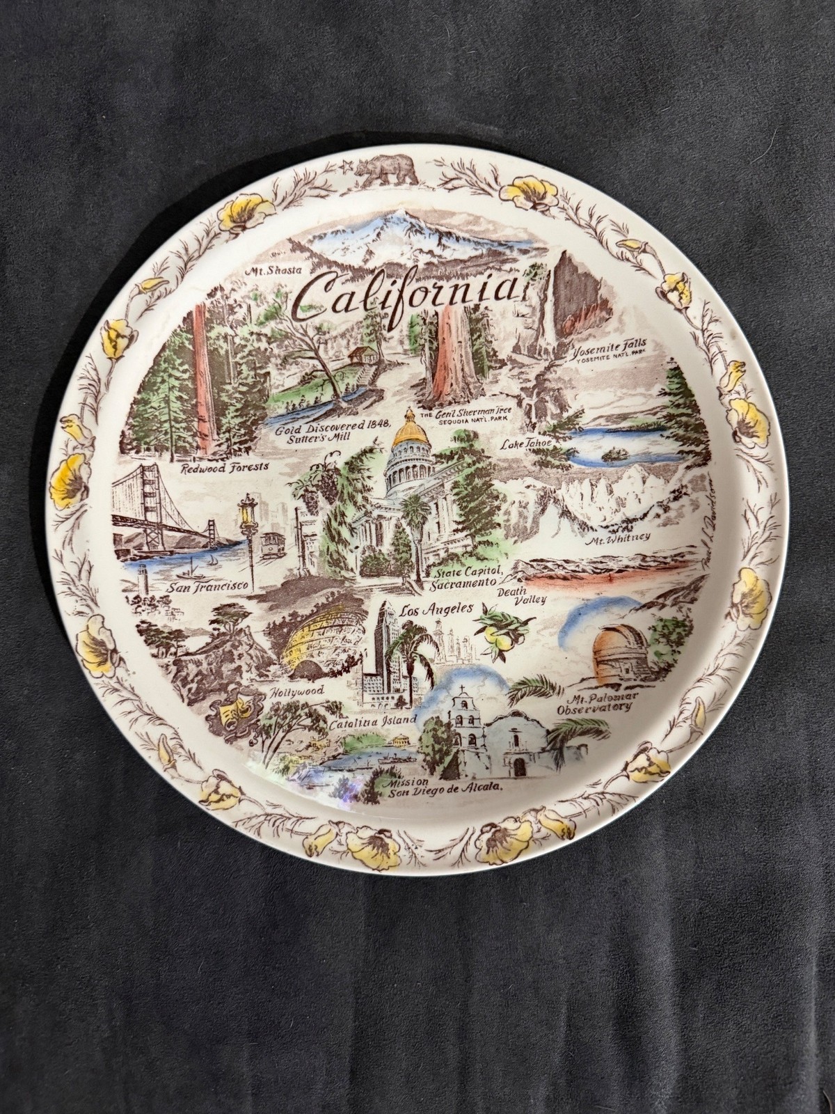 Vintage Vernon Kilns California Souvenir Plate With State Landmarks 10 Inches Di