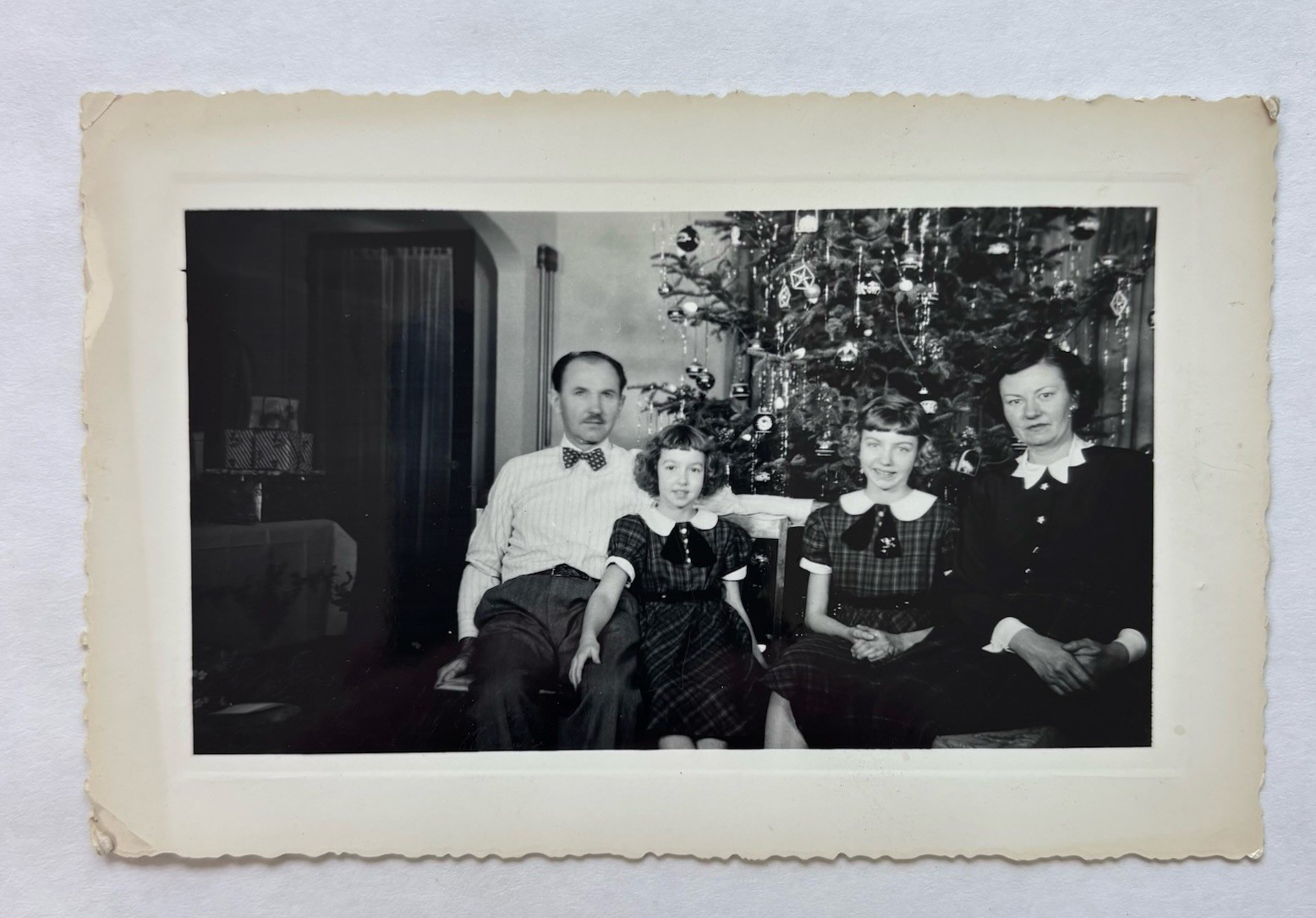 Vintage Photo Christmas Tree Family Fashion Dresses Children Dad Mom B&W