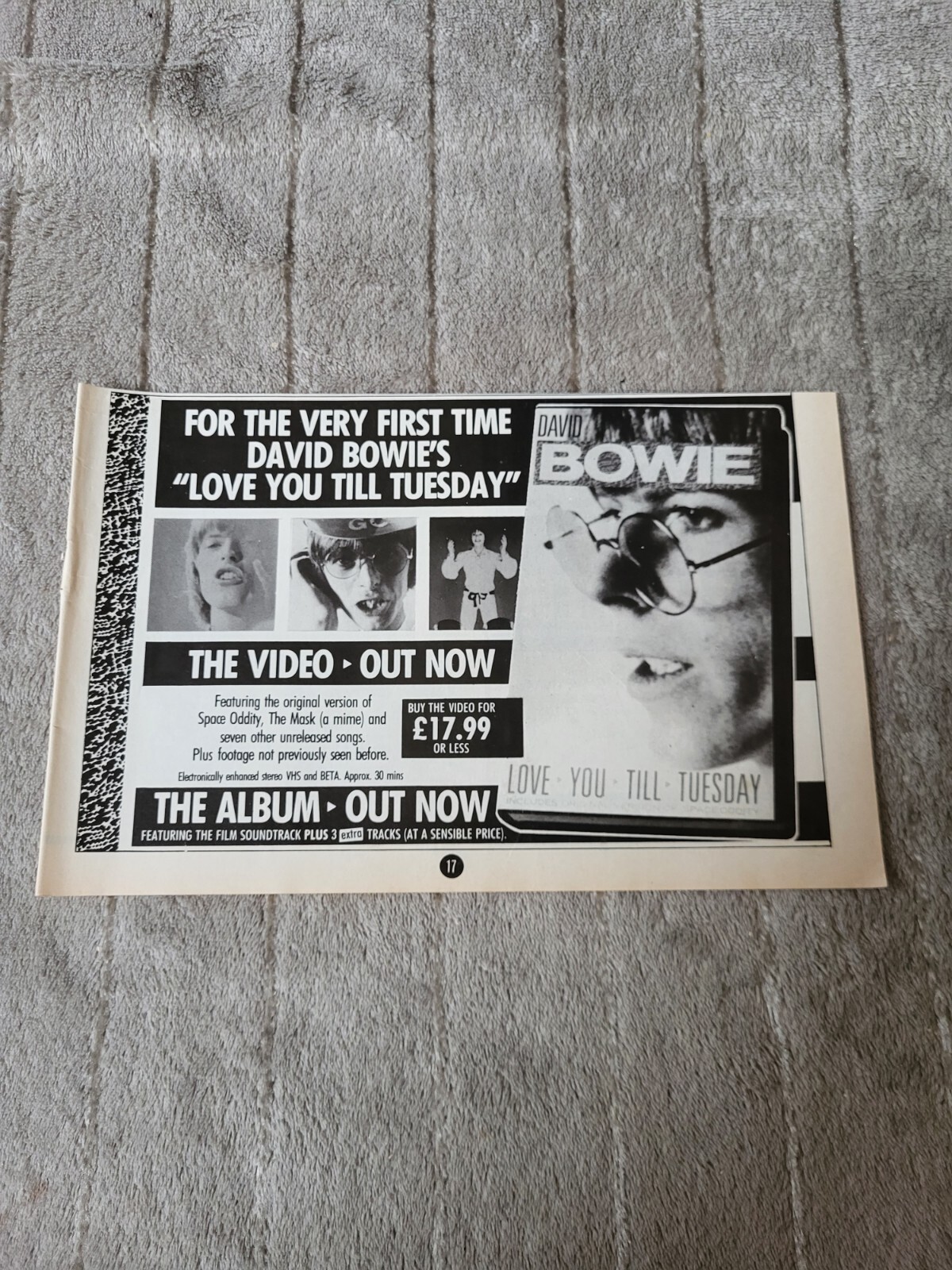 TPGM23 ADVERT 5X8 DAVID BOWIE : 'LOVE YOU TILL TUESDAY' THE VIDEO