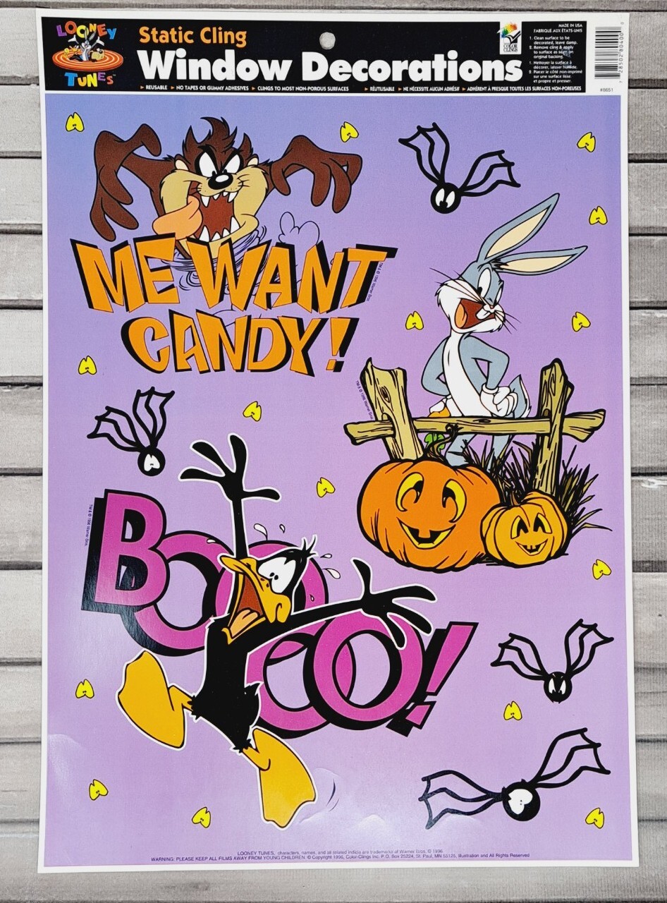 Looney Tunes Halloween Window Decor Bugs Bunny Daffy Taz VTG Me Want Candy Boo b