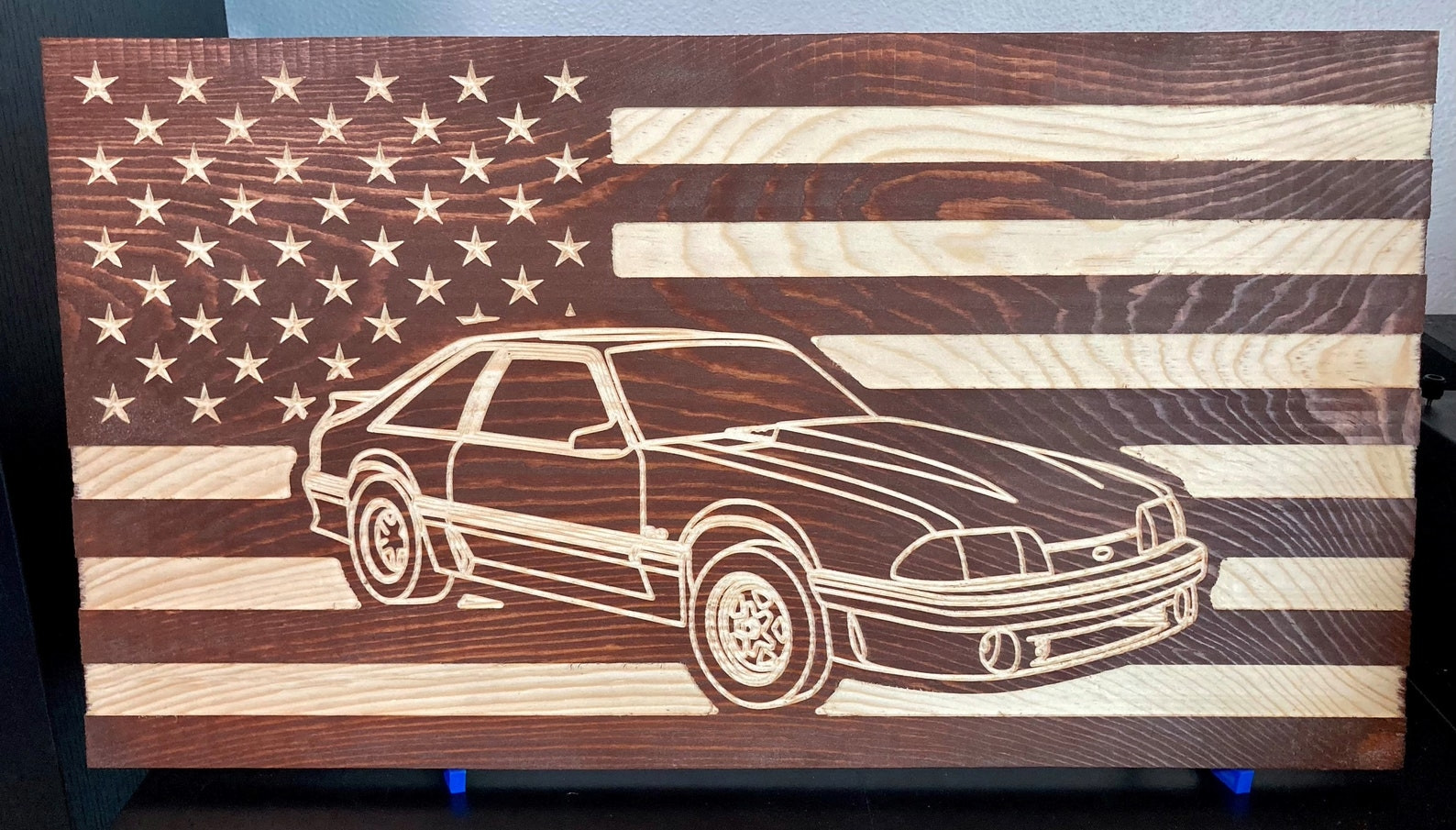 1987-1993 Fox Body Hatchback Mustang Wood Sign: American Flag Garage Decor
