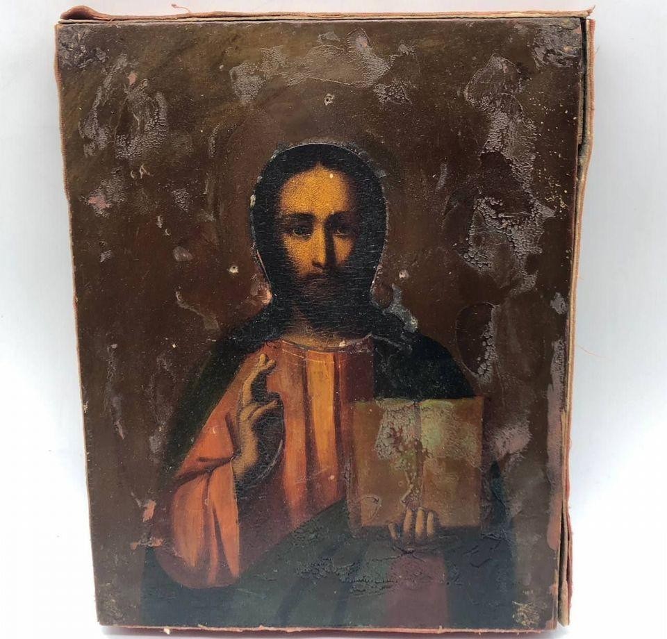 19th Century Russian Icon of the Savior Antique Unrestored Oil 8.85x6.89in