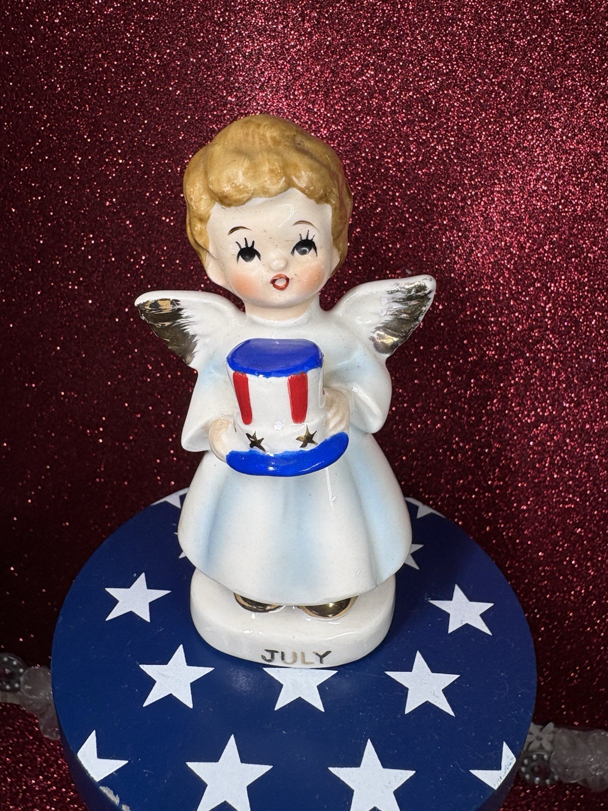 Vtg July Angel Girl Holding Red White & Blue Uncle Sam Top Hat Sm Figurine Japan