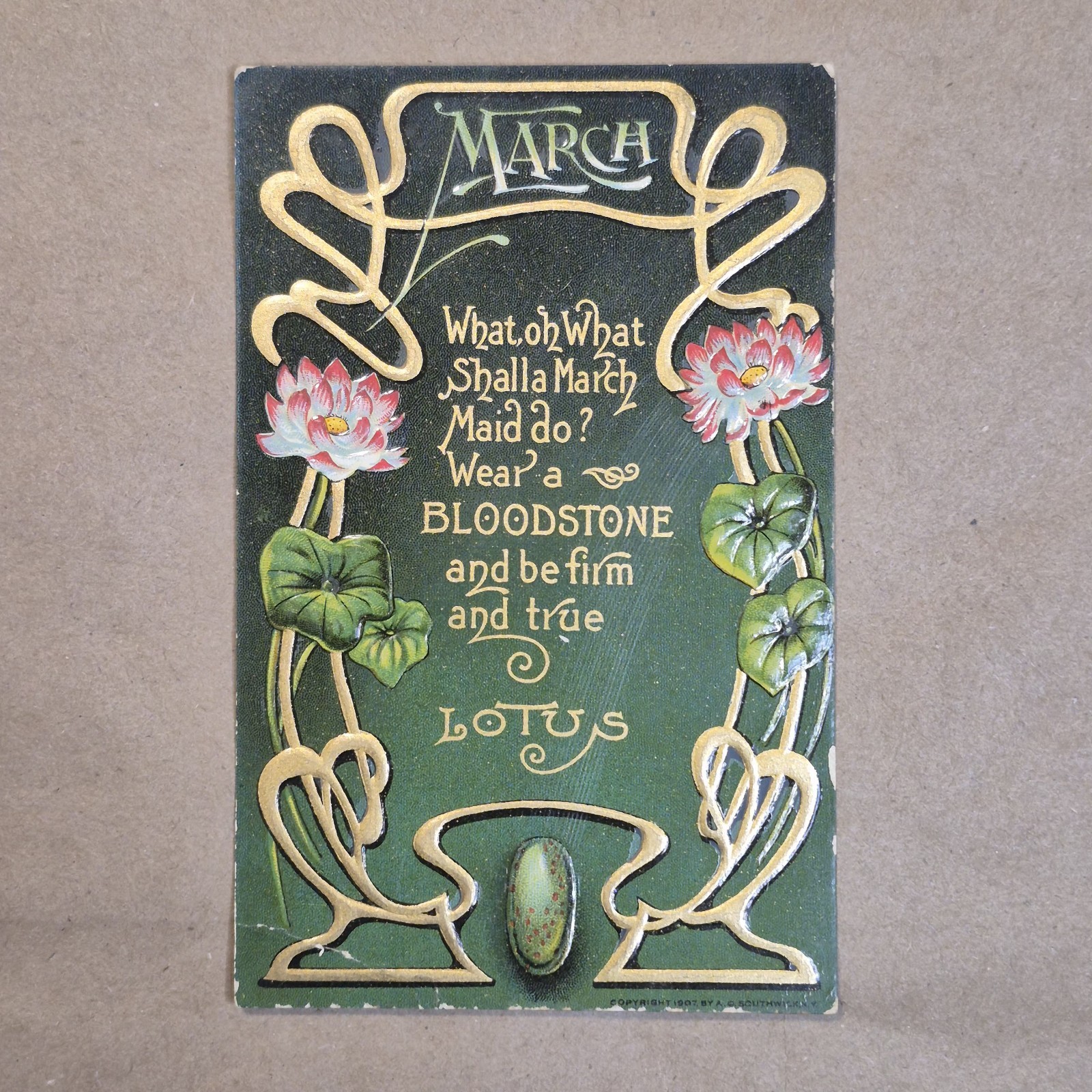 Antique 1907 March Birthstone Bloodstone Lotus Embossed Postcard Unused