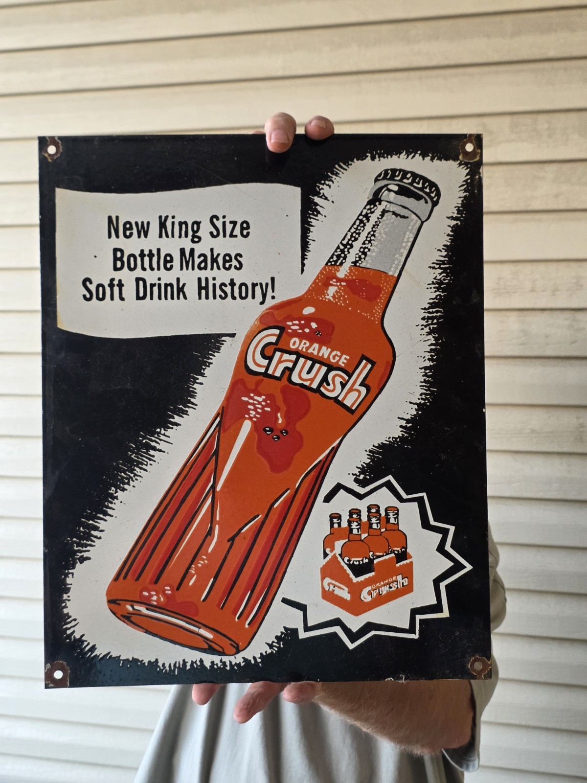 VINTAGE DRINK ORANGE CRUSH KING SIZE BOTTLE PORCELAIN SODA SIGN 16\