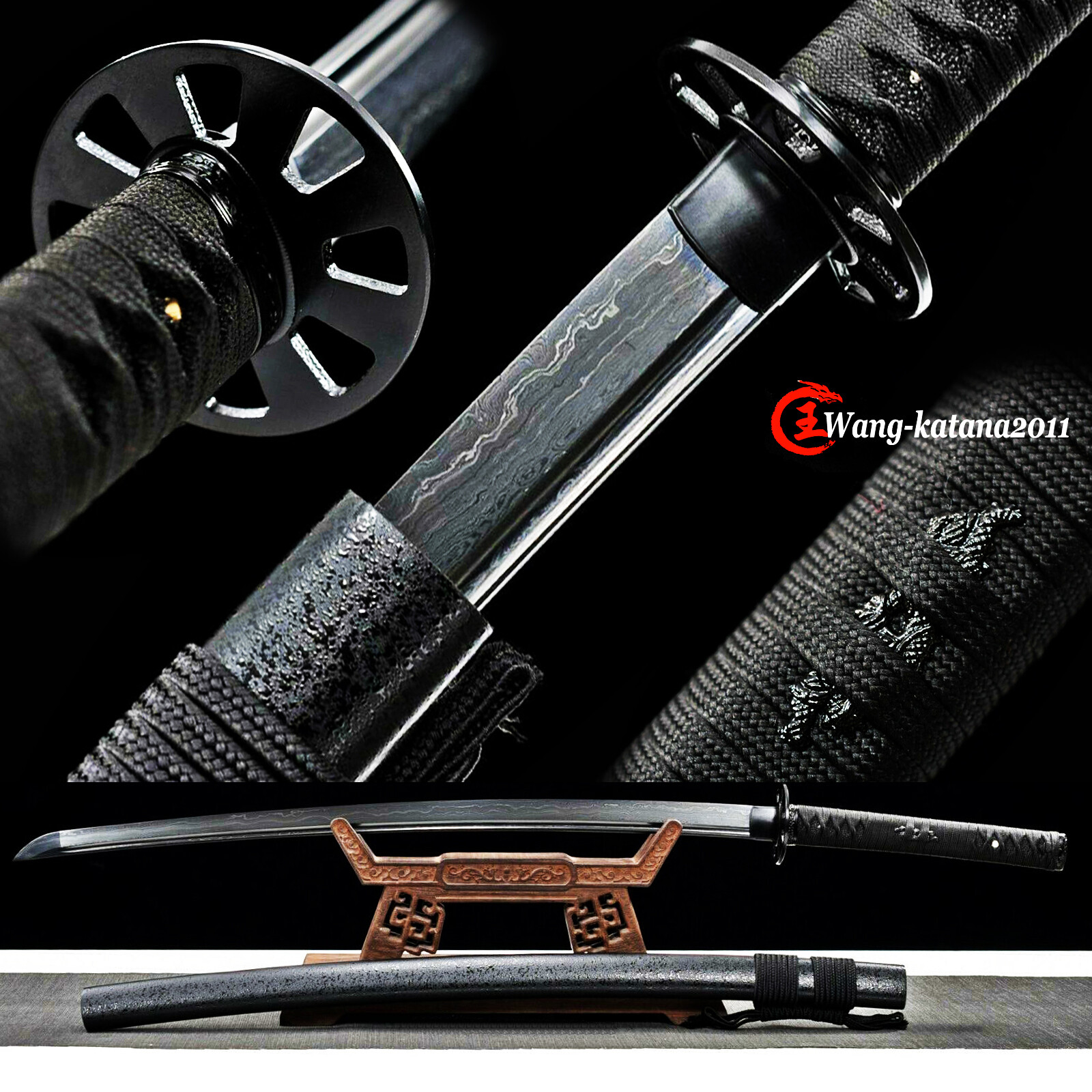 All Black Full Tang Sharp Japanese Samurai Katana Sword Damascus Folded Steel