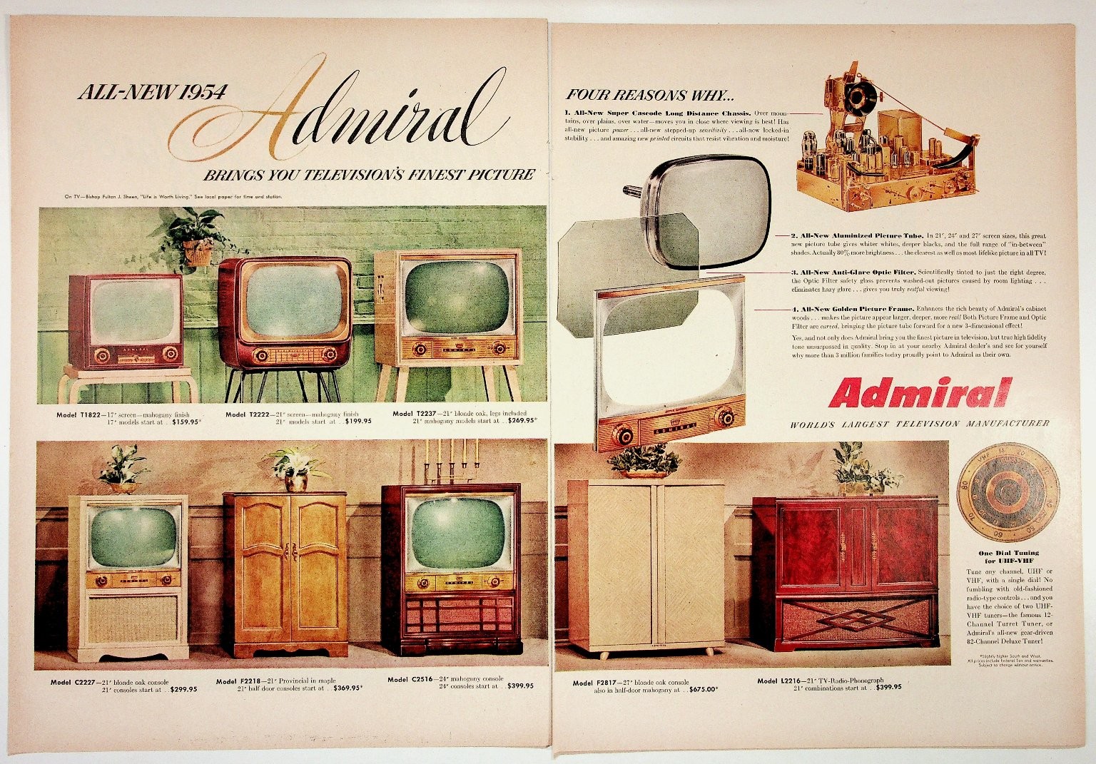 Admiral 1954 Vintage Magazine Print Ad TV Models Retro Electronics Original