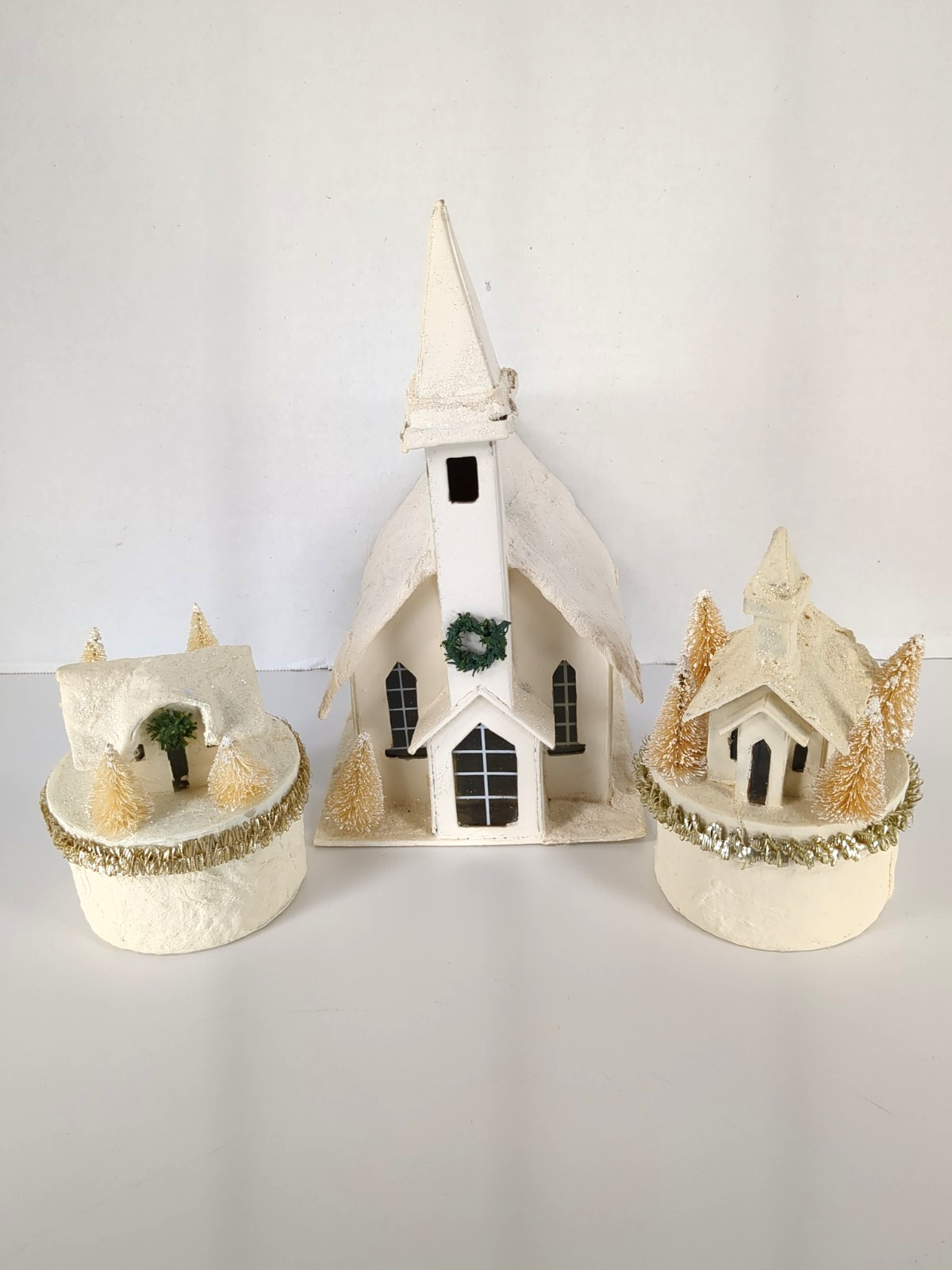 Seasons of Cannon Falls Church House Box Putz Cardboard Bottle Brush Vintage Lot