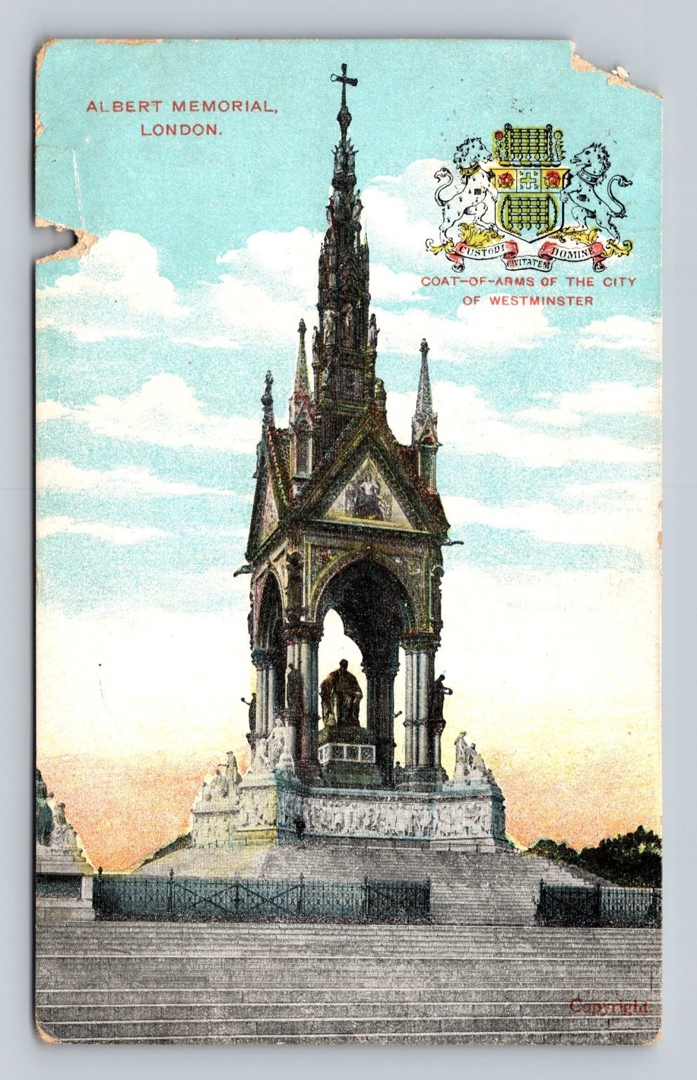 Vintage Albert Memorial London Postcard with Westminster Coat of Arms