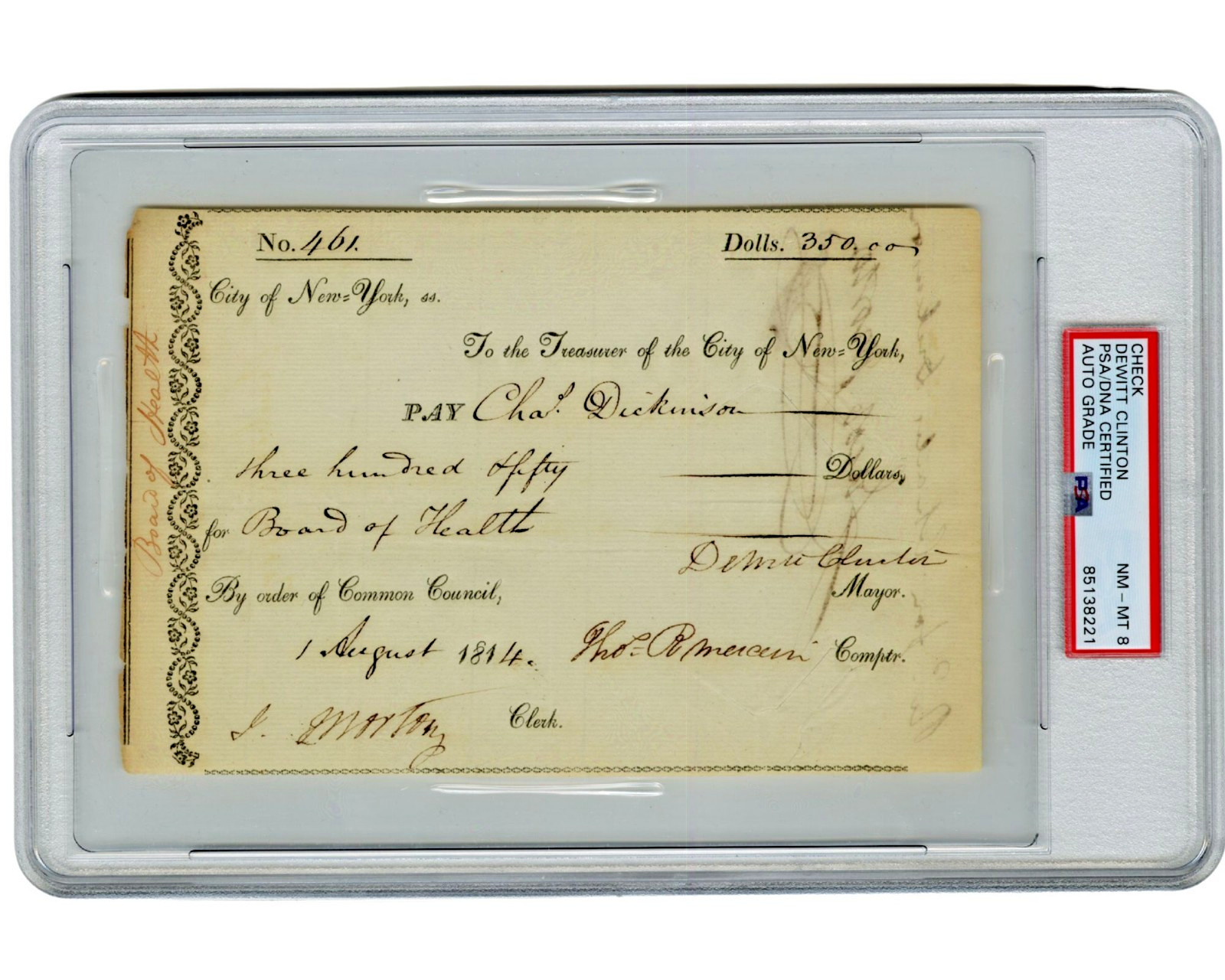 Dewitt Clinton NYC Mayor War of 1812 Board of Health Signed Doc PSA COA Rev War