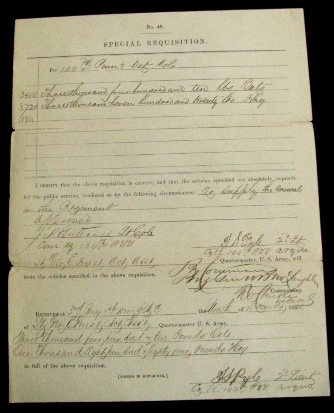 CIVIL WAR 100TH PENNSYLVANIA  SCOTS-IRISH  VOL COLONEL JOSEPH M PENTECOST KIA
