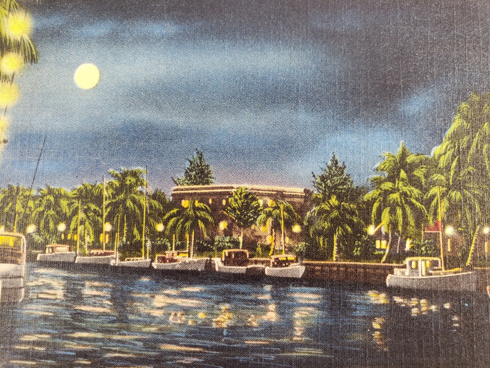 C 1930s Moonlight and Palms Along New River Boats Fort Lauderdale FL Postcard 