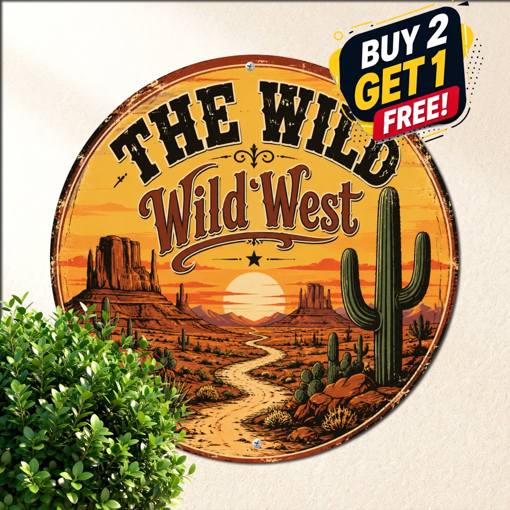 Western Desert Saguaro Cactus Canyon Sunset Horizon Round Metal Sign
