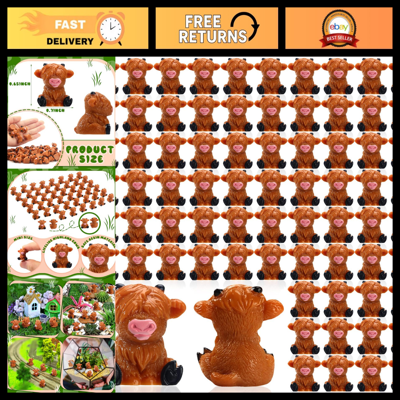 100 Mini Highland Cow Figurines - Cute Tiny Animal Collectibles, Bulk Set of 100