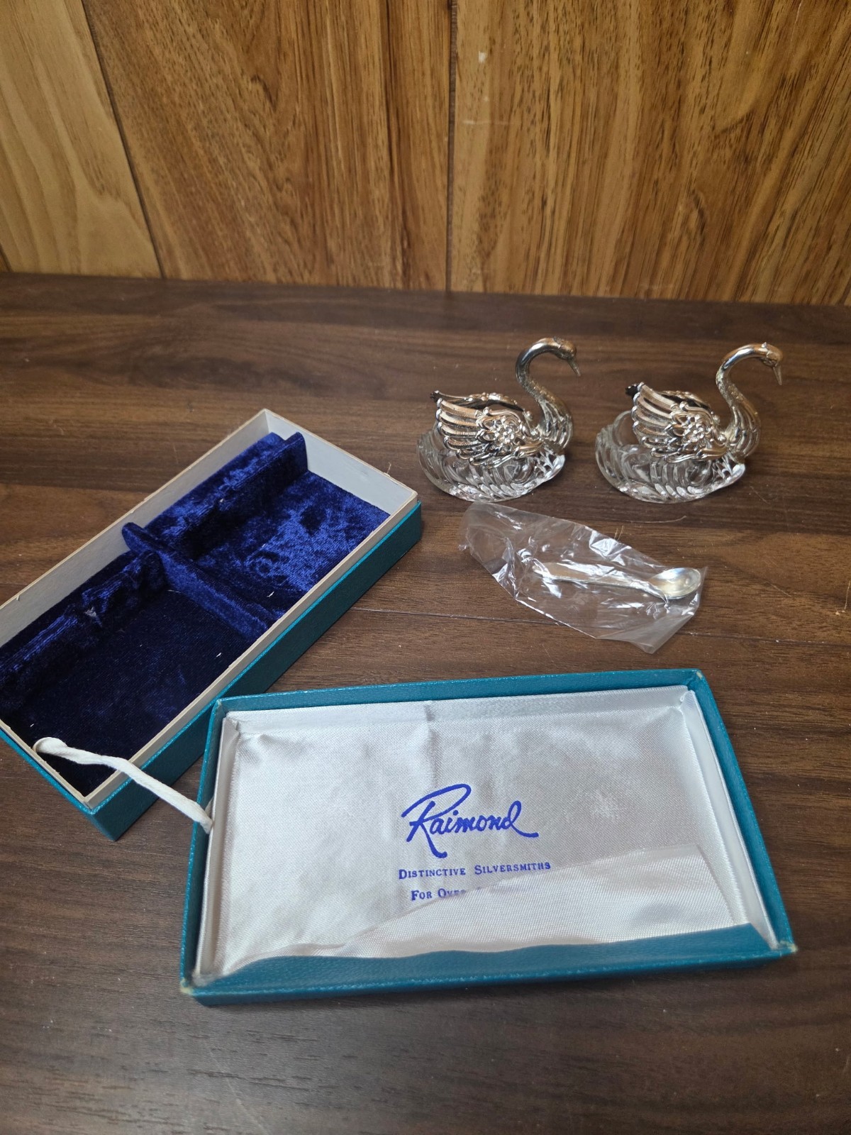 2 Vintage Raimond Crystal Articulated Swan Salt Cellars Pair Silver Plate Spoon