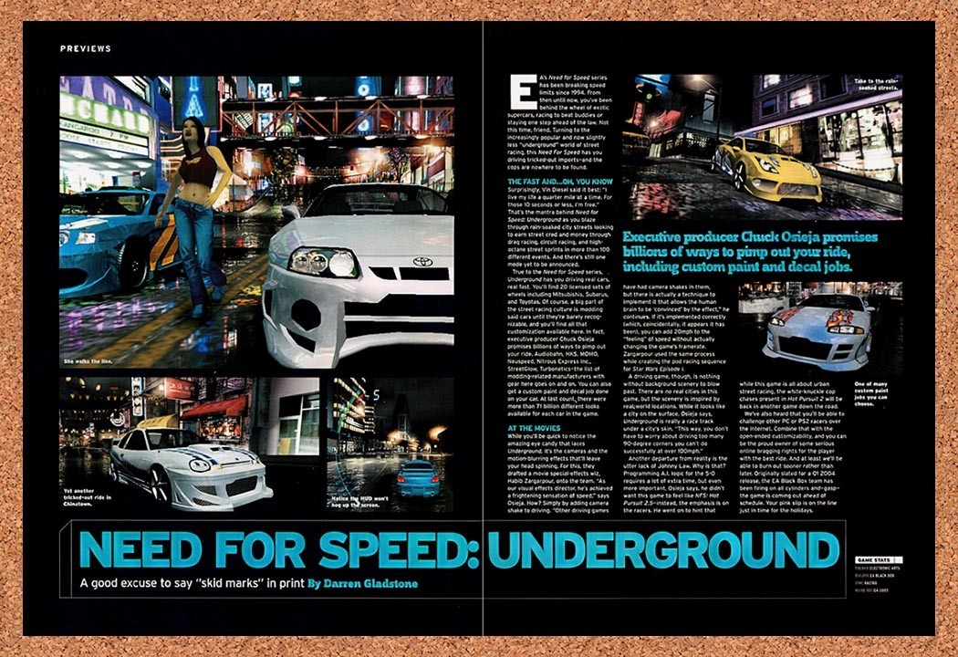 2003 Need For Speed Underground PC Original Advertisement / Retro Promo vr1
