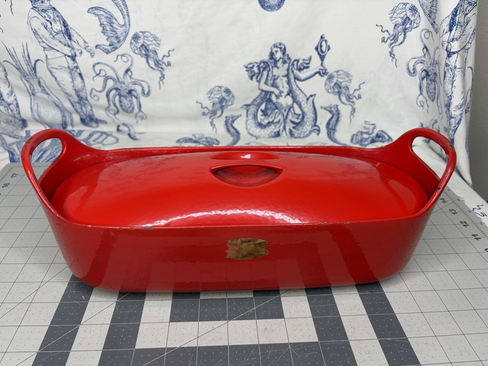 1960\'s Red Enamel Fish Pot Cooker designer Timo Sarpaneva at W. Rosenlew & Co.