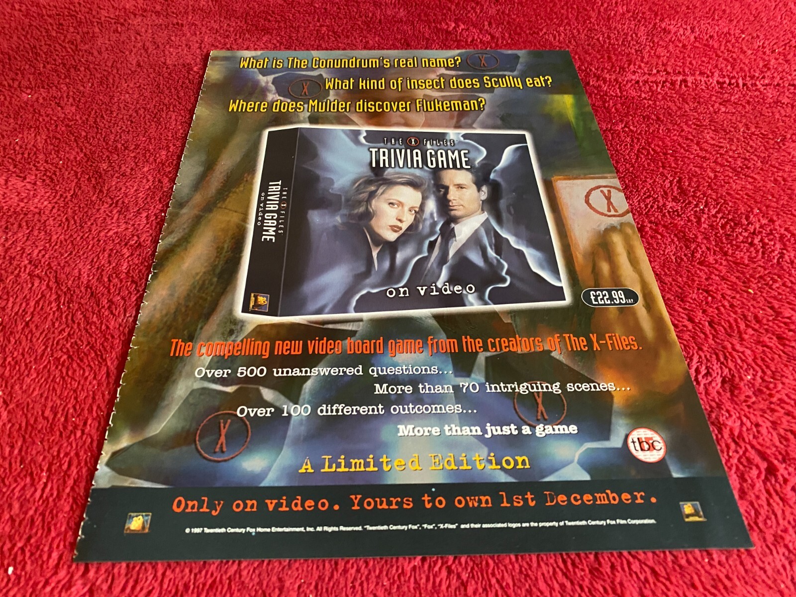 PAD59 GAME ADVERT 12X9 THE X-FILES TRIVIA GAME ON VIDEO