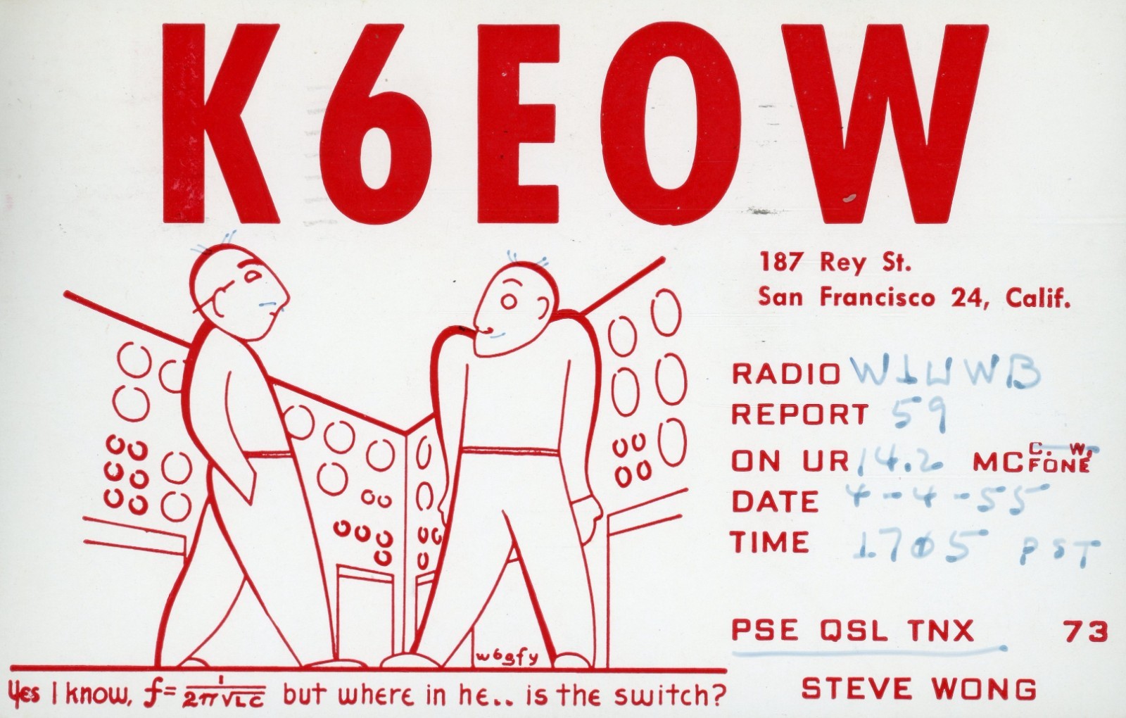 Vintage Amateur Radio QSL Postcard, 1955, K6EOW, San Francisco, CA, Scott #1033
