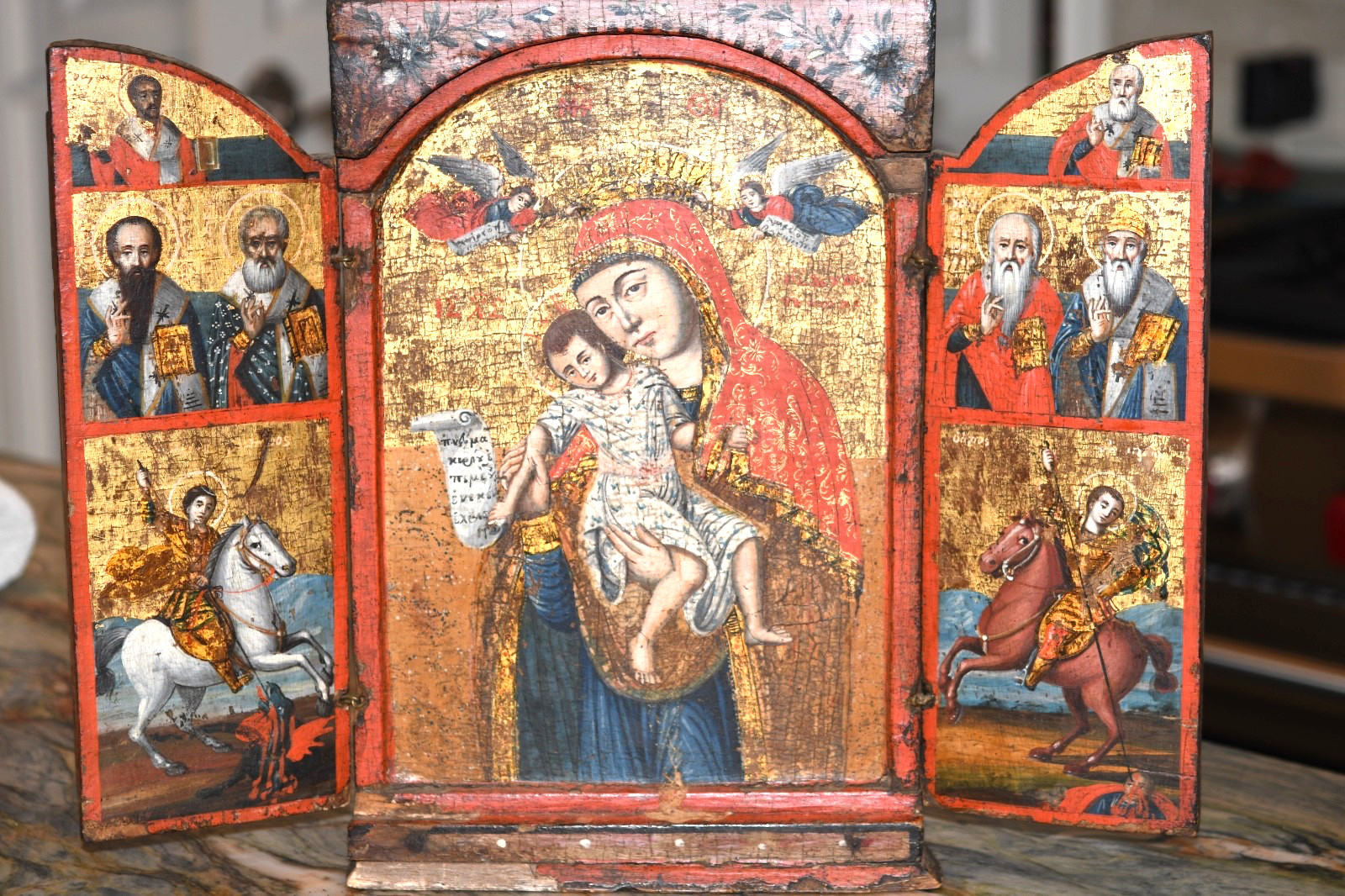 Vintage Hand-Painted Holy Icon Mother of God Russian-Greco Triptych, with Saints