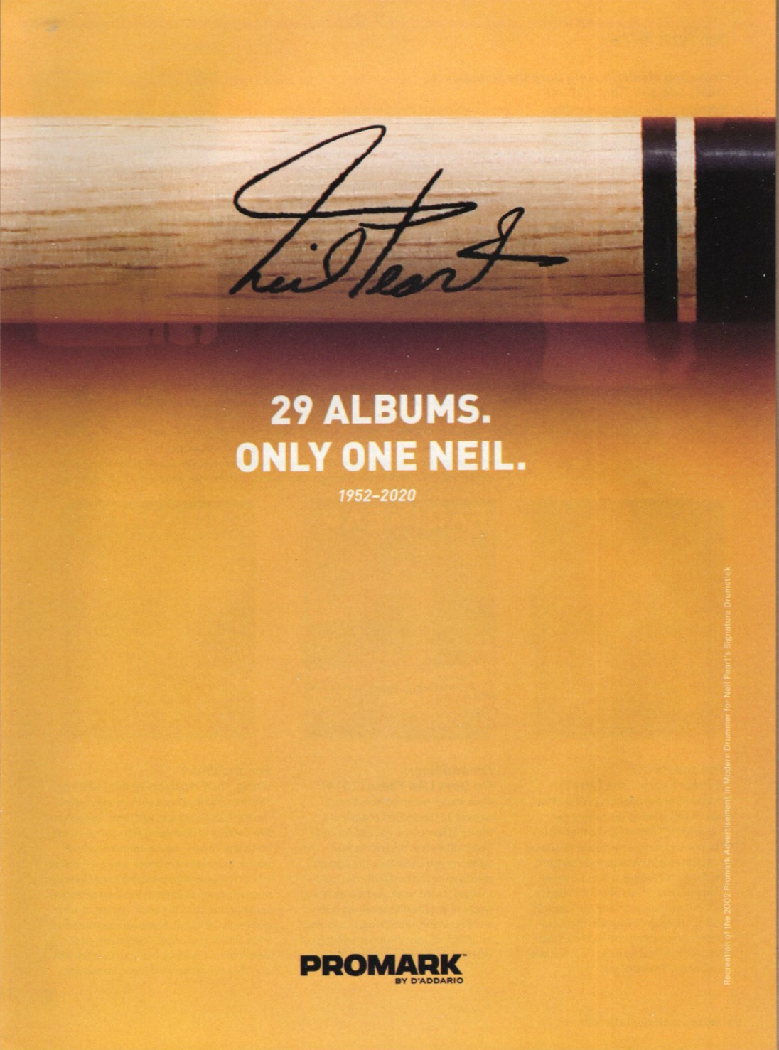 2020 Print Ad of Promark Drumsticks Neil Peart RUSH Tribute 29 Albums One Neil