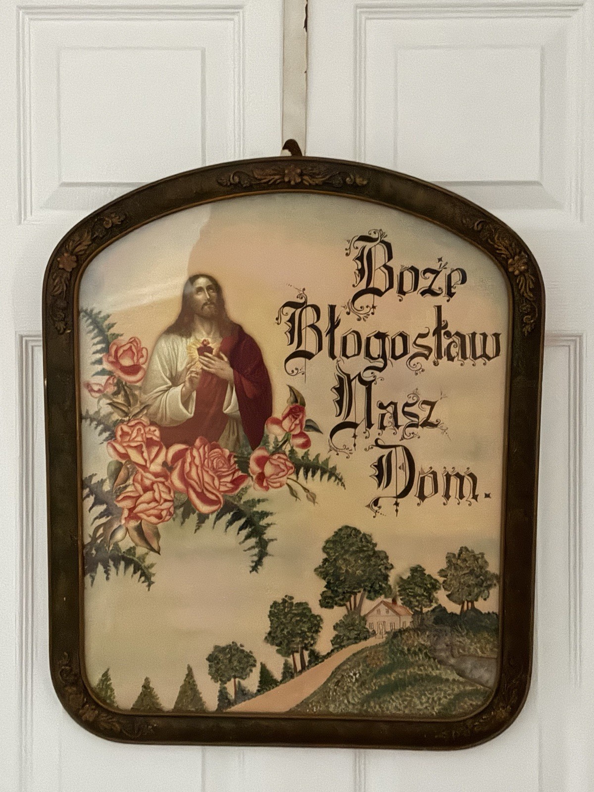 Antique Polish Hand Painted God Bless This Home Framed Painting Boze Blogoslaw 