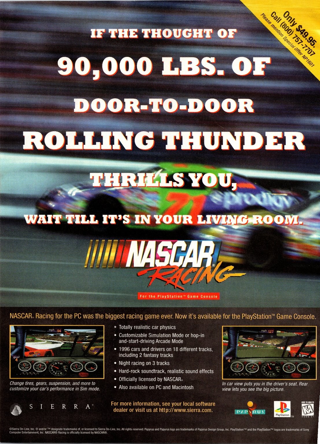 NASCAR Racing PlayStation PS1 Sierra Papyrus Vintage 1996 Magazine Print Ad
