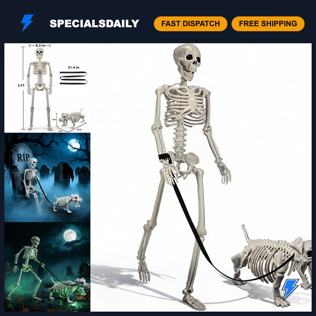 Realistic Human & Dog Skeleton Halloween Decorations for Indoor/Outdoor Use