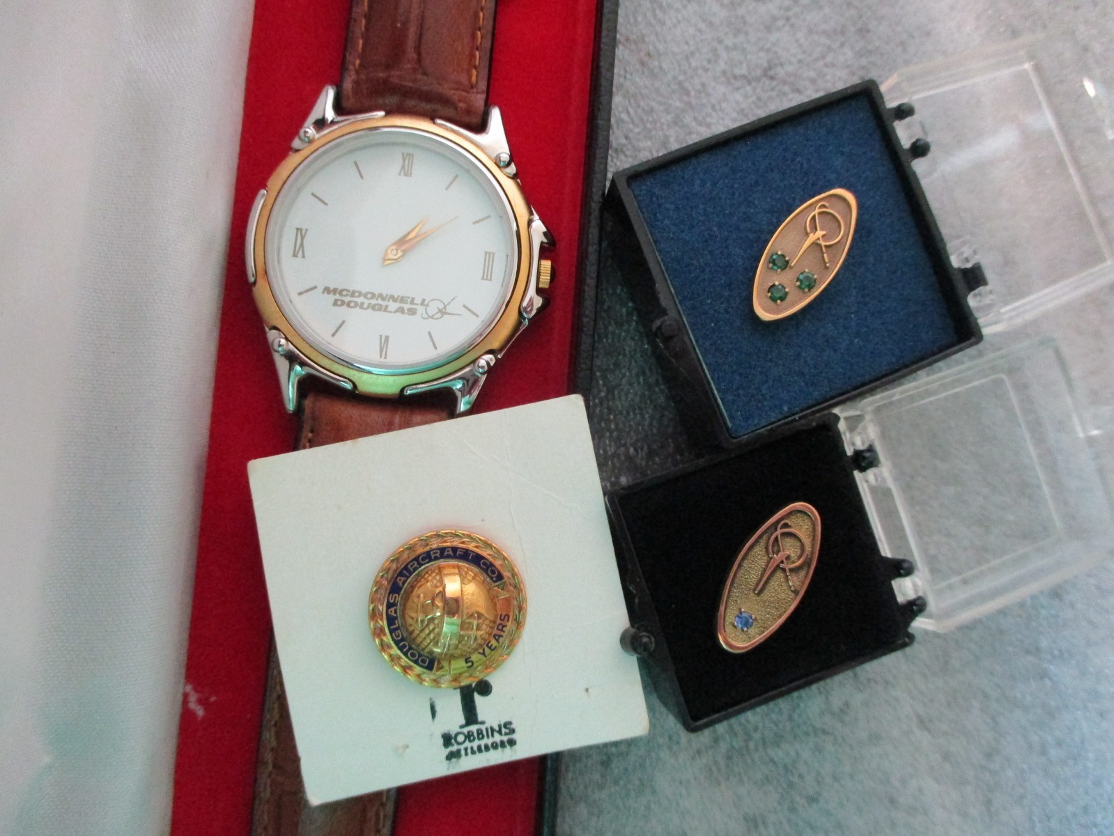 VINTAGE MCDONNELL DOUGLAS WATCH & EMPLOYEE SERVICE AWARD PINS (5 - 10 - 20 YEAR)