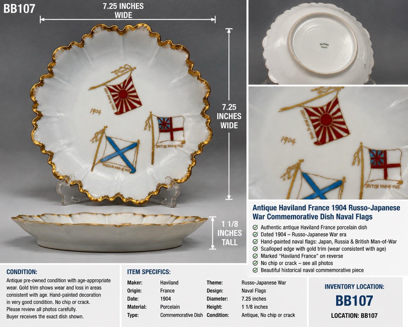 Antique Haviland France 1904 Russo Japanese War Naval Flags Dish 7.25”