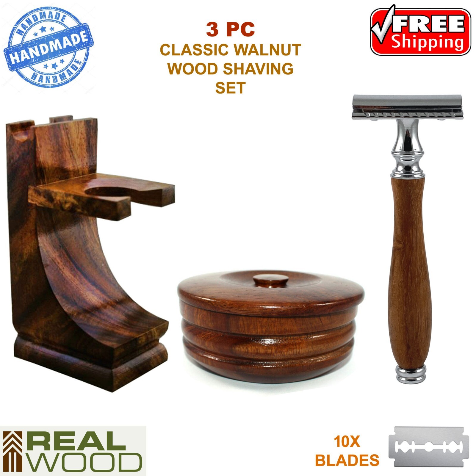 3 PC WOODEN SHAVING SET -  DOUBLE EDGE SAFETY RAZOR, WOOD STAND, SHAVE MUG BOWL