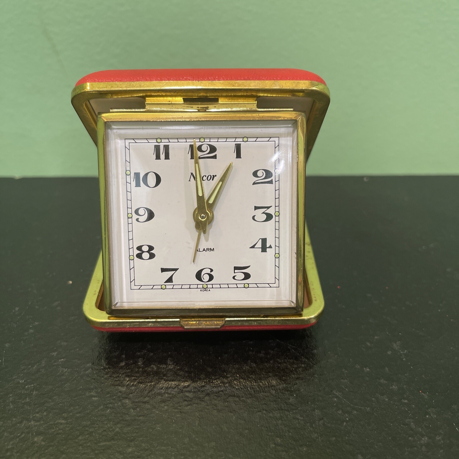 Vintage Necor Wind-Up Travel Alarm Clock Red  Hard Case